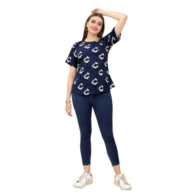 Rosolly Women's Casual Rayon Short Sleeve Printed Round Neck Top (Blue)