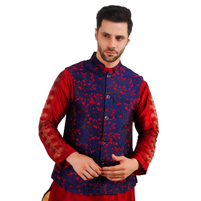 Rosolly Men's Jacquard Self-Design Sleeveless Mandarin Neck Waistcoat (Blue-Red)