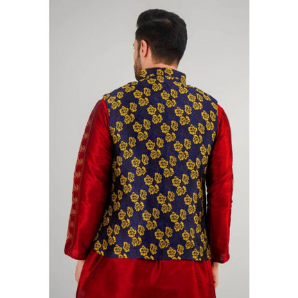 Rosolly Men's Jacquard Self-Design Sleeveless Mandarin Neck Waistcoat (Blue-Gold)