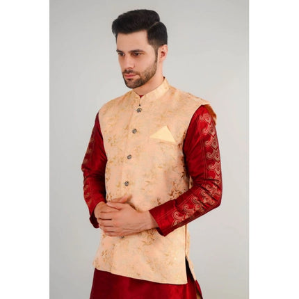 Rosolly Men's Jacquard Self-Design Sleeveless Mandarin Neck Waistcoat (Beige)