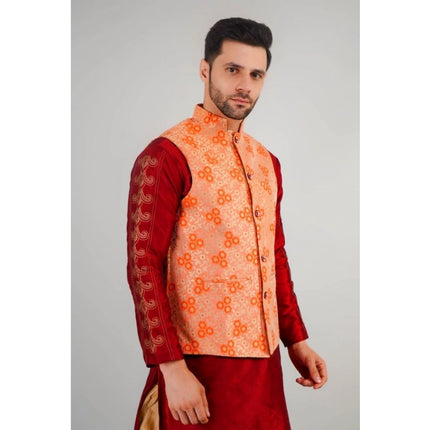 Rosolly Men's Jacquard Self-Design Sleeveless Mandarin Neck Waistcoat (Orange)