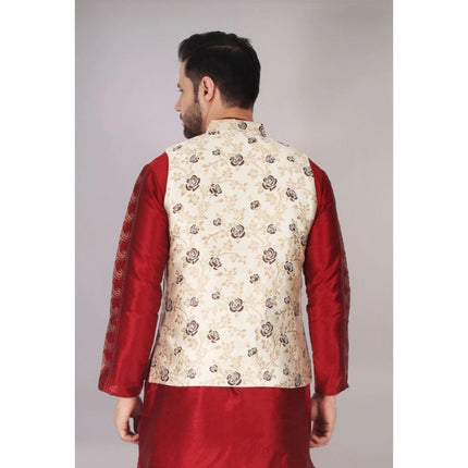 Rosolly Men's Jacquard Self-Design Sleeveless Mandarin Neck Waistcoat (Cream)