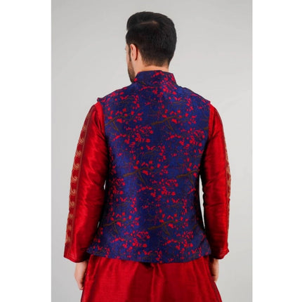 Rosolly Men's Jacquard Self-Design Sleeveless Mandarin Neck Waistcoat (Blue-Red)