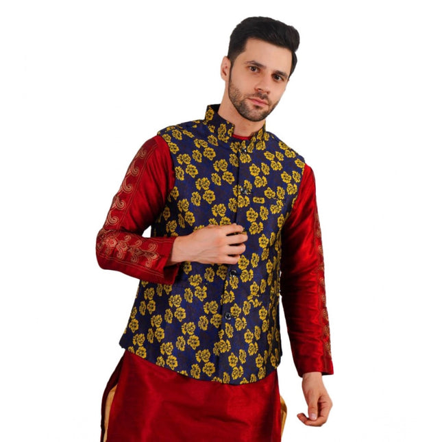 Rosolly Men's Jacquard Self-Design Sleeveless Mandarin Neck Waistcoat (Blue-Gold)