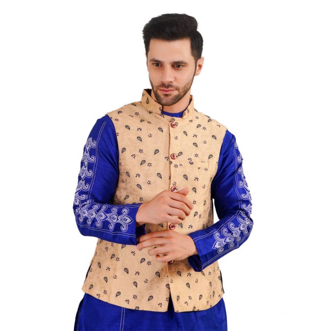 Rosolly Men's Jacquard Self-Design Sleeveless Mandarin Neck Waistcoat (Beige)