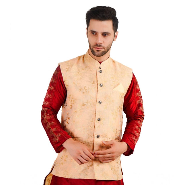 Rosolly Men's Jacquard Self-Design Sleeveless Mandarin Neck Waistcoat (Beige)