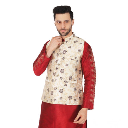Rosolly Men's Jacquard Self-Design Sleeveless Mandarin Neck Waistcoat (Cream)