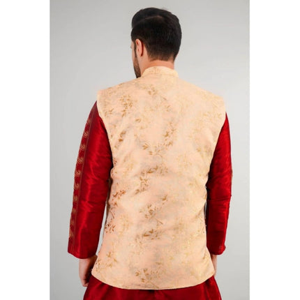 Rosolly Men's Jacquard Self-Design Sleeveless Mandarin Neck Waistcoat (Beige)