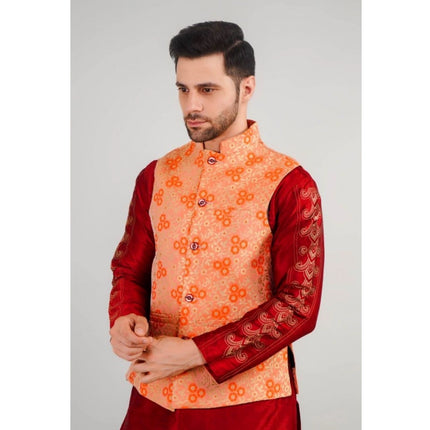 Rosolly Men's Jacquard Self-Design Sleeveless Mandarin Neck Waistcoat (Orange)