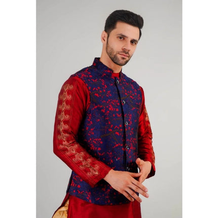 Rosolly Men's Jacquard Self-Design Sleeveless Mandarin Neck Waistcoat (Blue-Red)