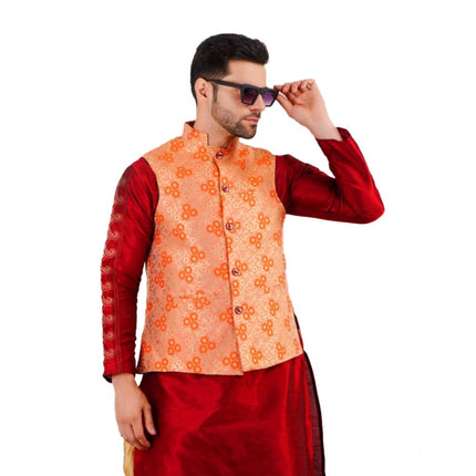 Rosolly Men's Jacquard Self-Design Sleeveless Mandarin Neck Waistcoat (Orange)