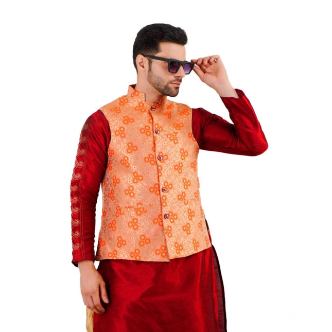 Rosolly Men's Jacquard Self-Design Sleeveless Mandarin Neck Waistcoat (Orange)