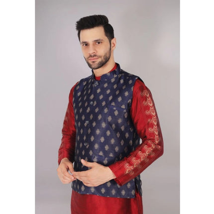 Rosolly Men's Jacquard Self-Design Sleeveless Mandarin Neck Waistcoat (NavyBlue-Gold)