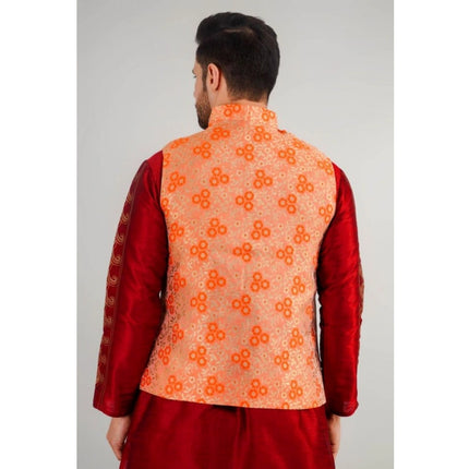 Rosolly Men's Jacquard Self-Design Sleeveless Mandarin Neck Waistcoat (Orange)