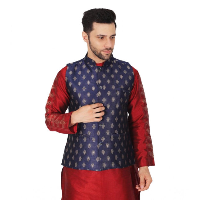 Rosolly Men's Jacquard Self-Design Sleeveless Mandarin Neck Waistcoat (NavyBlue-Gold)