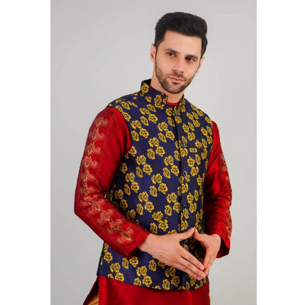 Rosolly Men's Jacquard Self-Design Sleeveless Mandarin Neck Waistcoat (Blue-Gold)