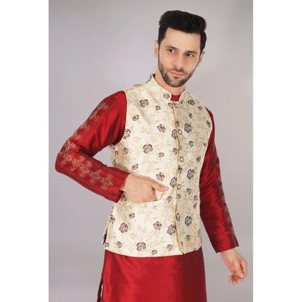 Rosolly Men's Jacquard Self-Design Sleeveless Mandarin Neck Waistcoat (Cream)
