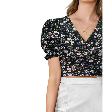 Rosolly Women's Knitting Printed V-Neck Puff Sleeve Tops (Black)