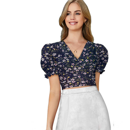 Rosolly Women's Knitting Printed V-Neck Puff Sleeve Tops (Navy Blue)