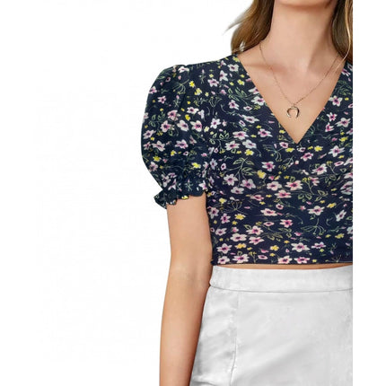 Rosolly Women's Knitting Printed V-Neck Puff Sleeve Tops (Navy Blue)