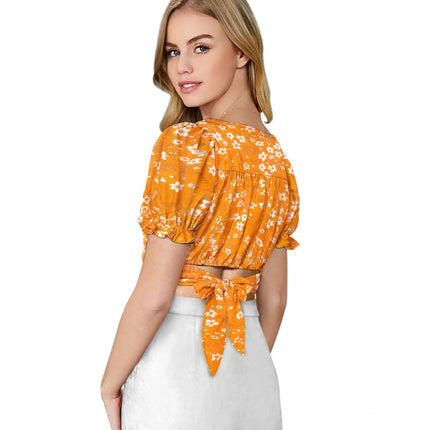 Rosolly Women's Knitting Printed V-Neck Puff Sleeve Tops (Yellow)