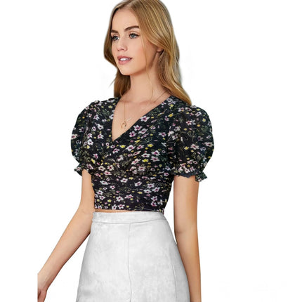 Rosolly Women's Knitting Printed V-Neck Puff Sleeve Tops (Black)