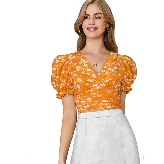 Rosolly Women's Knitting Printed V-Neck Puff Sleeve Tops (Yellow)