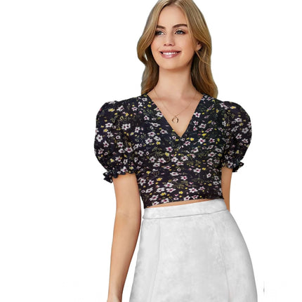 Rosolly Women's Knitting Printed V-Neck Puff Sleeve Tops (Black)