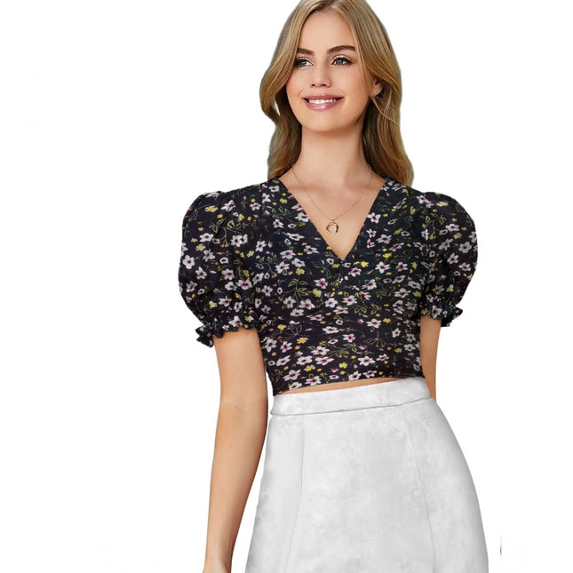 Rosolly Women's Knitting Printed V-Neck Puff Sleeve Tops (Black)