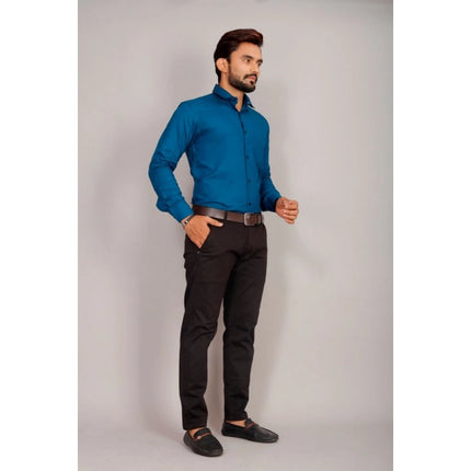 Rosolly Men's Casual Cotton Solid Full Sleeve Shirt (Blue)