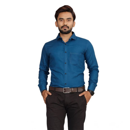 Rosolly Men's Casual Cotton Solid Full Sleeve Shirt (Blue)