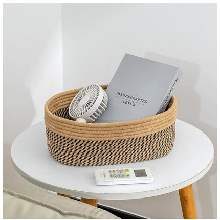 Rosolly Cotton Oval Storage Rope Woven Baskets Pack of 1 (Beige Black)