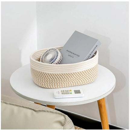 Rosolly Cotton Oval Storage Rope Woven Baskets Pack of 1 (Beige White)