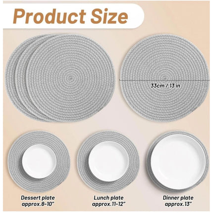 Rosolly Cotton Dining Table Round Placemat Mats Set of 4 (Grey)