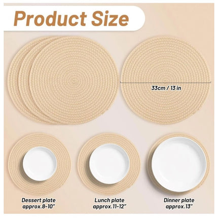 Rosolly Cotton Dining Table Round Placemat Mats Set of 4 (Cream)