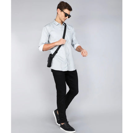 Rosolly Men's Casual Viscose Rayon Striped Full Sleeve Collar Shirt (Grey)