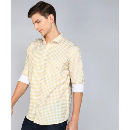 Rosolly Men's Casual Viscose Rayon Checkered Full Sleeve Collar Shirt (Brown-White)
