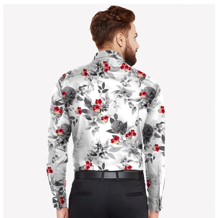 Rosolly Men's Casual Viscose Rayon Floral Print Full Sleeve Collar Shirt (Black)
