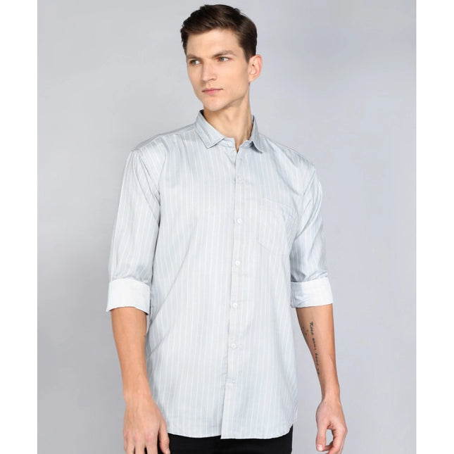 Rosolly Men's Casual Viscose Rayon Striped Full Sleeve Collar Shirt (Grey)