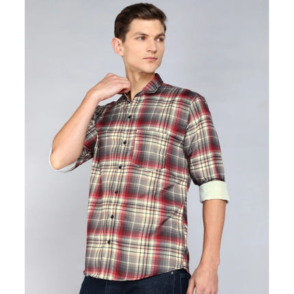 Rosolly Men's Casual Viscose Rayon Checkered Full Sleeve Collar Shirt (Brown)