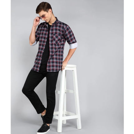 Rosolly Men's Casual Viscose Rayon Striped Full Sleeve Collar Shirt (Dark Blue)