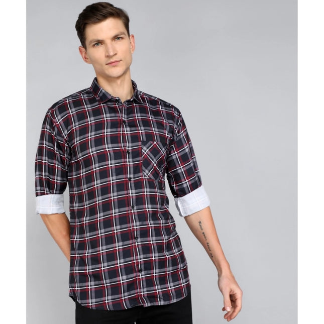 Rosolly Men's Casual Viscose Rayon Striped Full Sleeve Collar Shirt (Dark Blue)