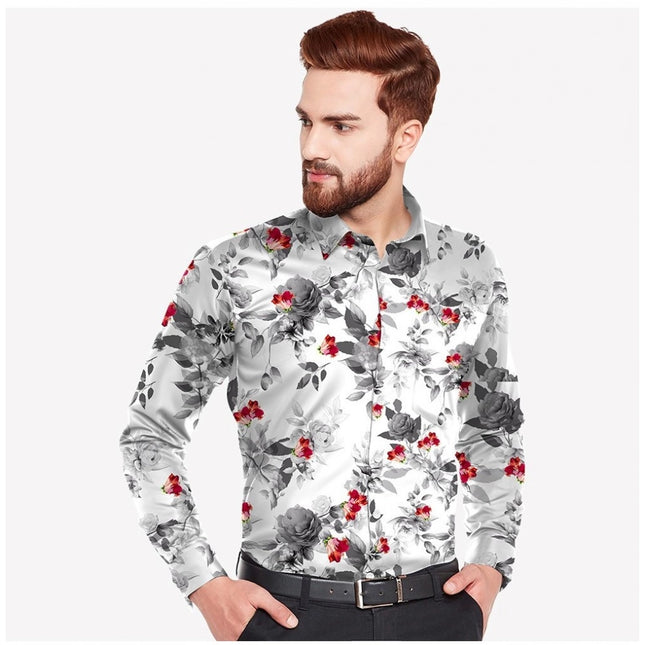 Rosolly Men's Casual Viscose Rayon Floral Print Full Sleeve Collar Shirt (Black)