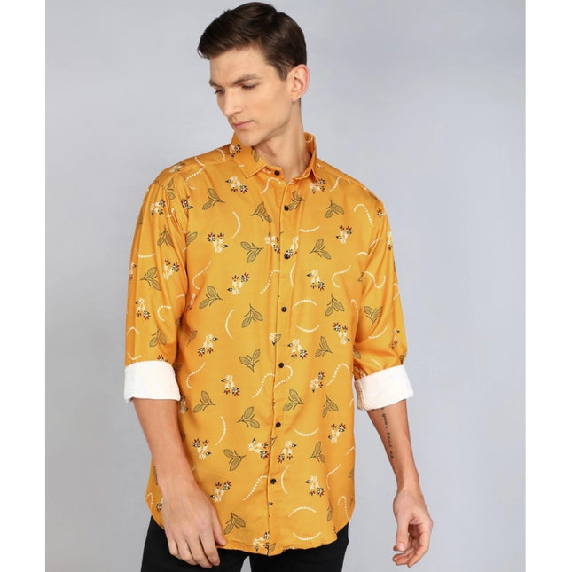 Rosolly Men's Casual Viscose Rayon Printed Full Sleeve Collar Shirt (Yellow)