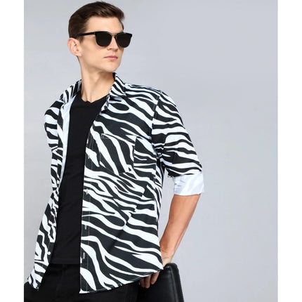 Rosolly Men's Casual Viscose Rayon Striped Full Sleeve Collar Shirt (Black-White)