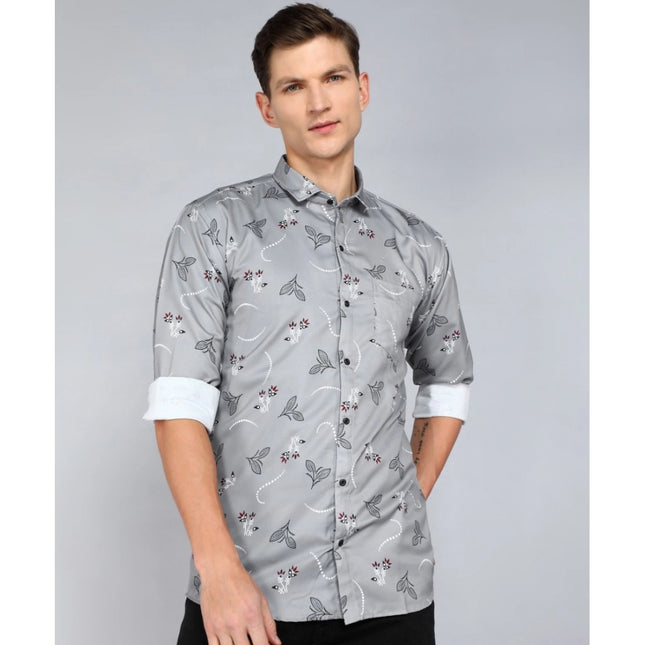 Rosolly Men's Casual Viscose Rayon Printed Full Sleeve Collar Shirt (Grey)