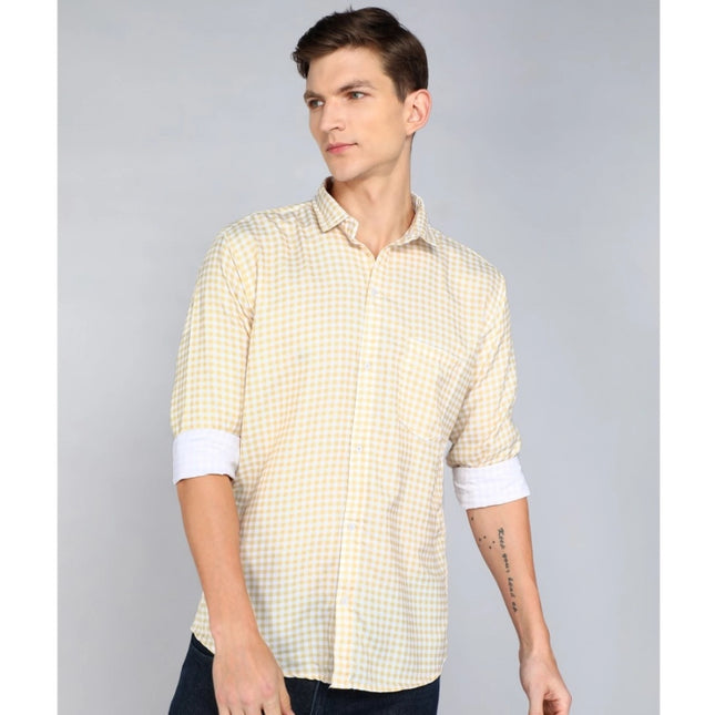 Rosolly Men's Casual Viscose Rayon Checkered Full Sleeve Collar Shirt (Brown-White)