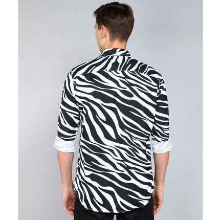 Rosolly Men's Casual Viscose Rayon Striped Full Sleeve Collar Shirt (Black-White)