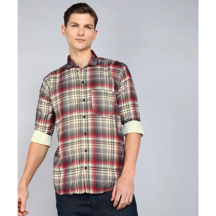 Rosolly Men's Casual Viscose Rayon Checkered Full Sleeve Collar Shirt (Brown)