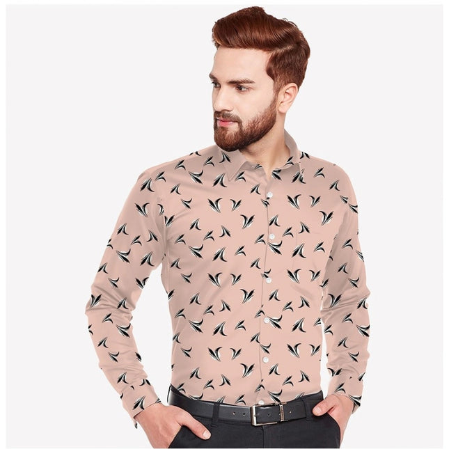 Rosolly Men's Casual Viscose Rayon Printed Full Sleeve Collar Shirt (Beige)